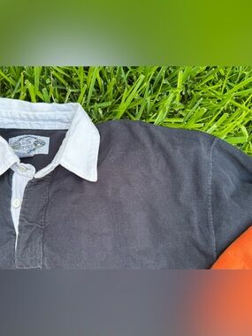 Box Office Men's XL Black Rugby Polo Orange Stripe Button Down Collar Casual